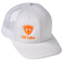 WHITE TRUCKER HAT WITH ORANGE LOGO ON A WHITE BACKGROUND