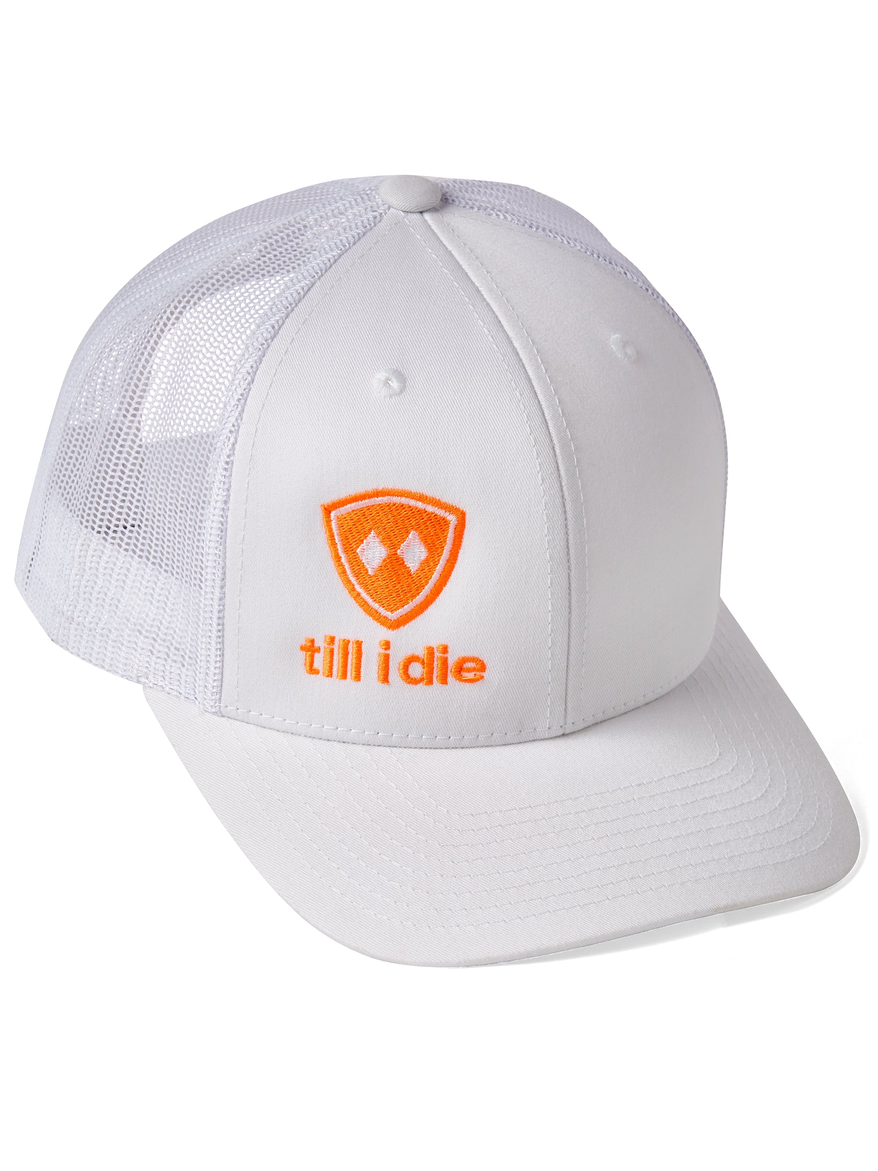Till I Die Logo // Classic Trucker Hat // White + Neon Orange & White