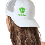 Till I Die® Logo // Classic Trucker Hat // White + Neon Green & White