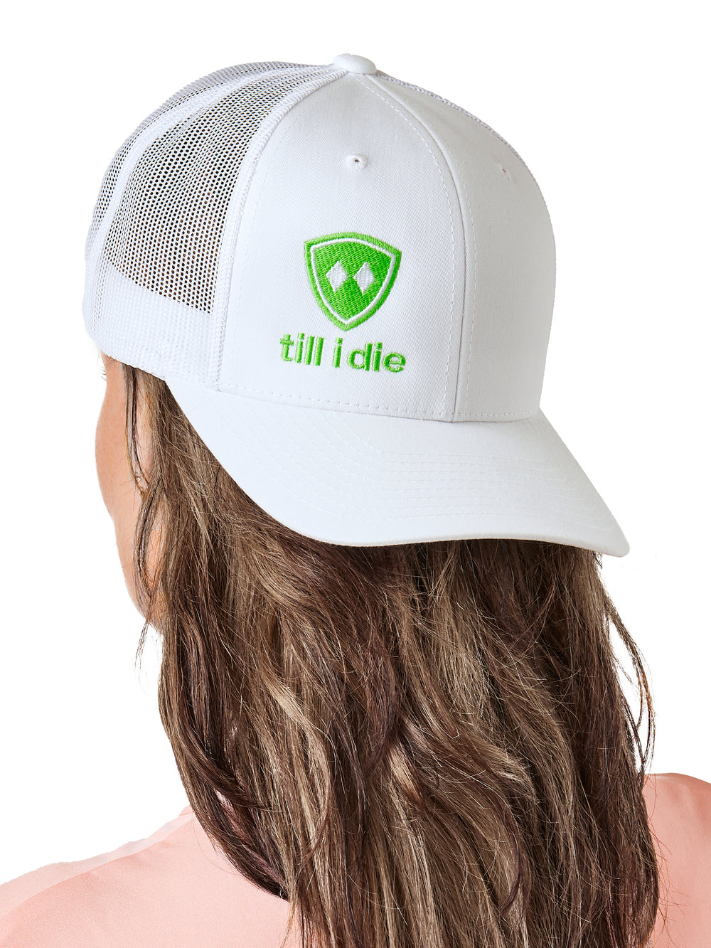 Till I Die Logo // Classic Trucker Hat // White + Neon Green & White