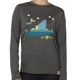 front view of a female model wearing the Mario Excite bike long sleeve performance in gray. The lime green and blue graphic features a retro 8-bit inspired graphic across the chest. The design mimics 1980s Mario Bros-style gameplay, with a biker jumping over ramps toward the goal pole.
