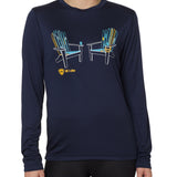 A person wearing a long sleeve navy blue shirt with a graphic of two adirondack chairs MADE OUT OF SKIS.