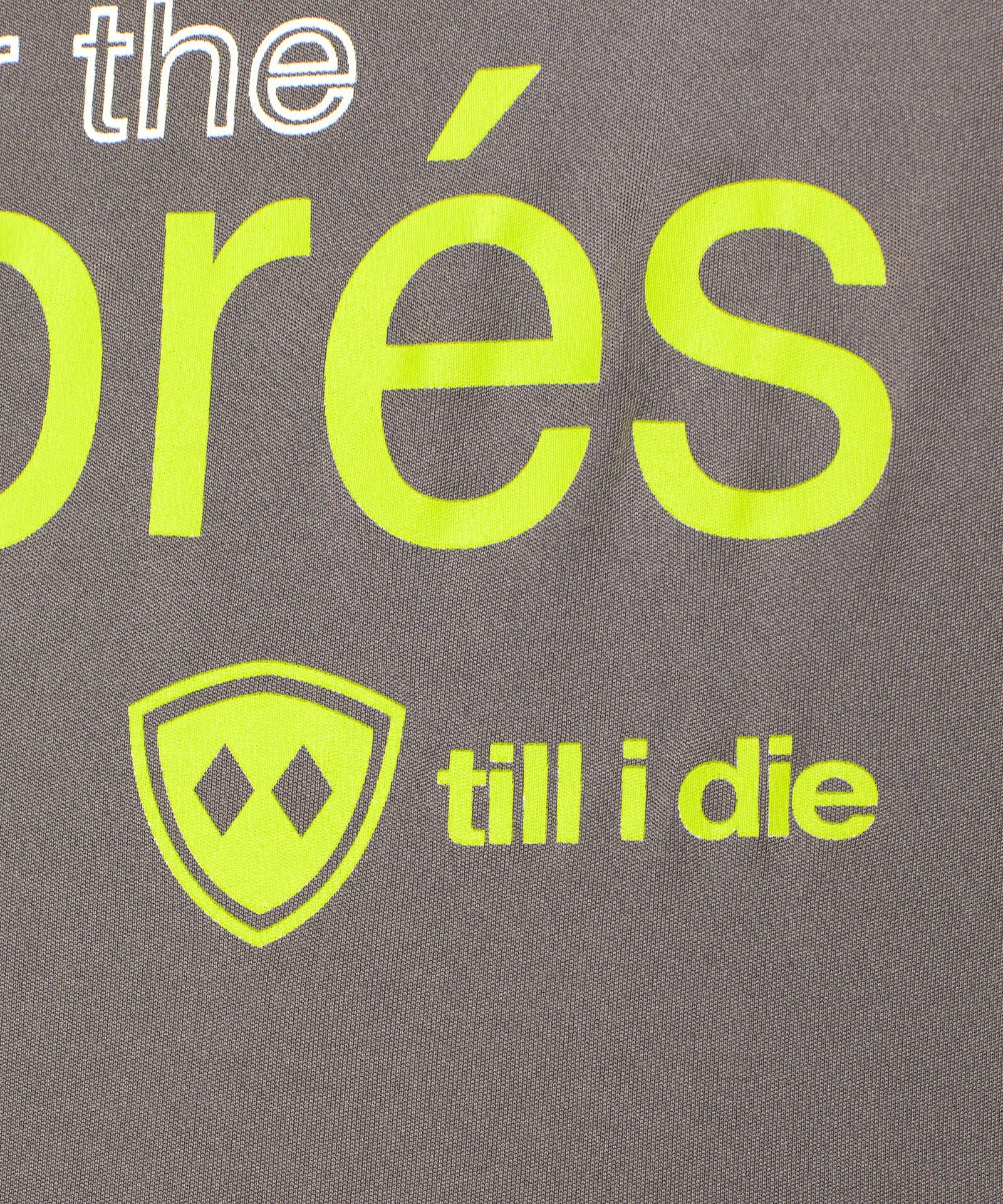 close up detail of the lime green till i die logo on the Aprés shirt