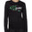 FEMALE MODEL WEARING A BLACK LONG SLEEVE PERFORMANCE SHIRT WITH A GRAPHIC OF A SKI BINDING TUNED TO 11 WITH THE WORDS "ASK ME ABOUT MY DIN SETTING"