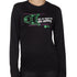FEMALE MODEL WEARING A BLACK LONG SLEEVE PERFORMANCE SHIRT WITH A GRAPHIC OF A SKI BINDING TUNED TO 11 WITH THE WORDS "ASK ME ABOUT MY DIN SETTING"