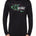 MALE MODEL WEARING A BLACK LONG SLEEVE PERFORMANCE SHIRT WITH A GRAPHIC OF A SKI BINDING TUNED TO 11 WITH THE WORDS "ASK ME ABOUT MY DIN SETTING"