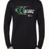 MALE MODEL WEARING A BLACK LONG SLEEVE PERFORMANCE SHIRT WITH A GRAPHIC OF A SKI BINDING TUNED TO 11 WITH THE WORDS "ASK ME ABOUT MY DIN SETTING"