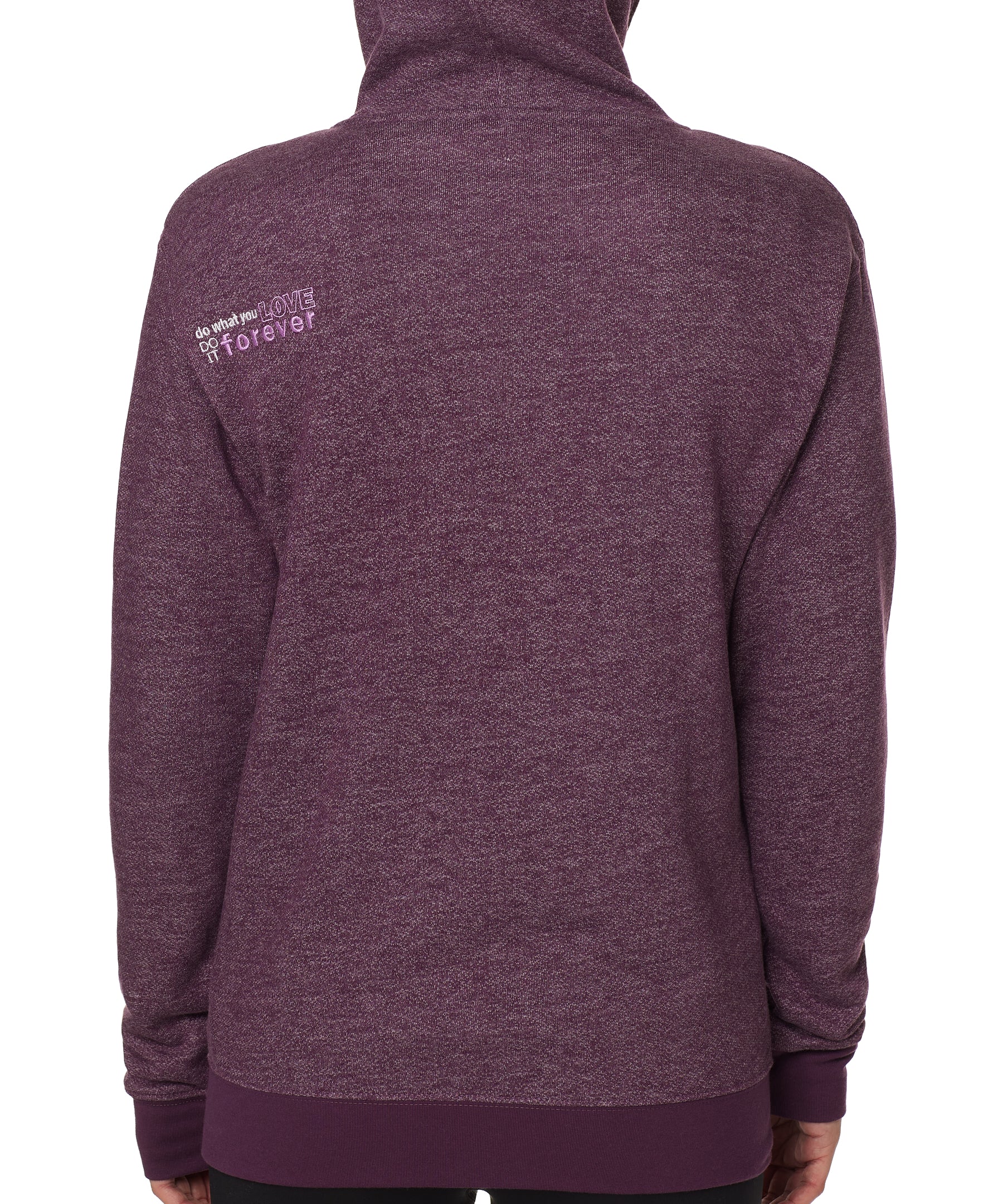 BACK OF A FEMALE MODEL WEARING A HEATHER PLUM HOODIE WITH THE WORDS "DO WHAT YOU LOVE. DO IT FOREVER." EMBROIDERED IN WHITE AND LIGHT PURPLE ON THE LEFT SHOULDER