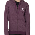 FEMALE MODEL WEARING A HEATHER PLUM ZIP HOODIE WITH TILL I DIE LOGO EMBROIDERED IN WHITE AND LIGHT PURPLE ON THE FRONT