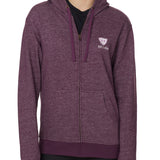 FEMALE MODEL WEARING A HEATHER PLUM ZIP HOODIE WITH TILL I DIE LOGO EMBROIDERED IN WHITE AND LIGHT PURPLE ON THE FRONT