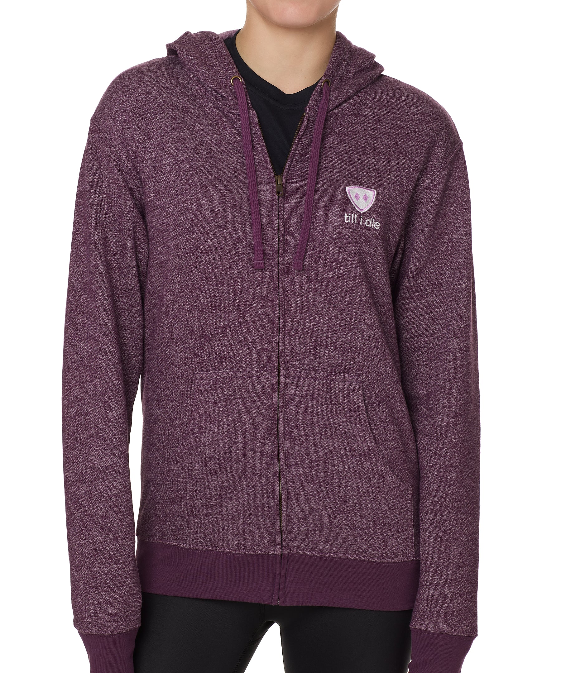 FEMALE MODEL WEARING A HEATHER PLUM ZIP HOODIE WITH TILL I DIE LOGO EMBROIDERED IN WHITE AND LIGHT PURPLE ON THE FRONT