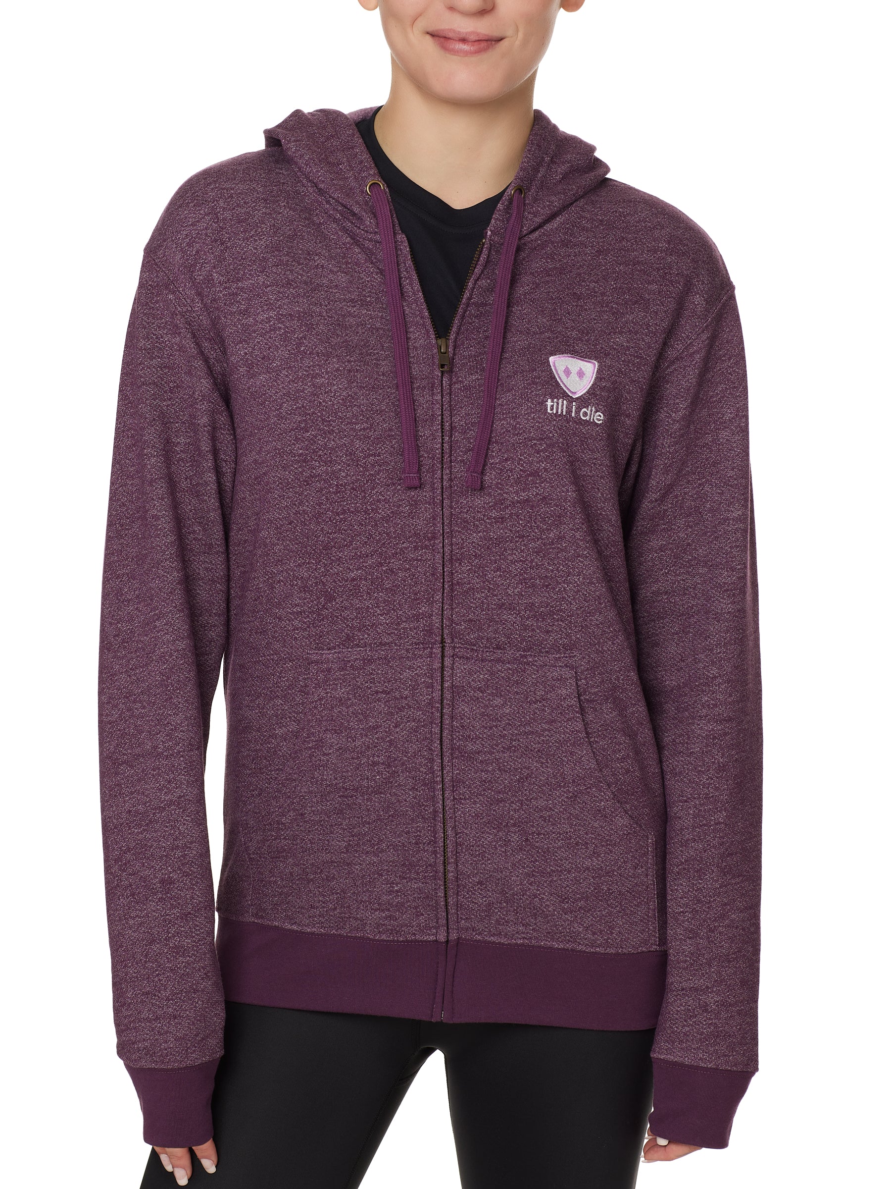 FEMALE MODEL WEARING A HEATHER PLUM ZIP HOODIE WITH TILL I DIE LOGO EMBROIDERED IN WHITE AND LIGHT PURPLE ON THE FRONT
