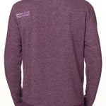 BACK OF A MALE MODEL WEARING A HEATHER PLUM HOODIE WITH THE WORDS "DO WHAT YOU LOVE. DO IT FOREVER." EMBROIDERED IN WHITE AND LIGHT PURPLE ON THE LEFT SHOULDER