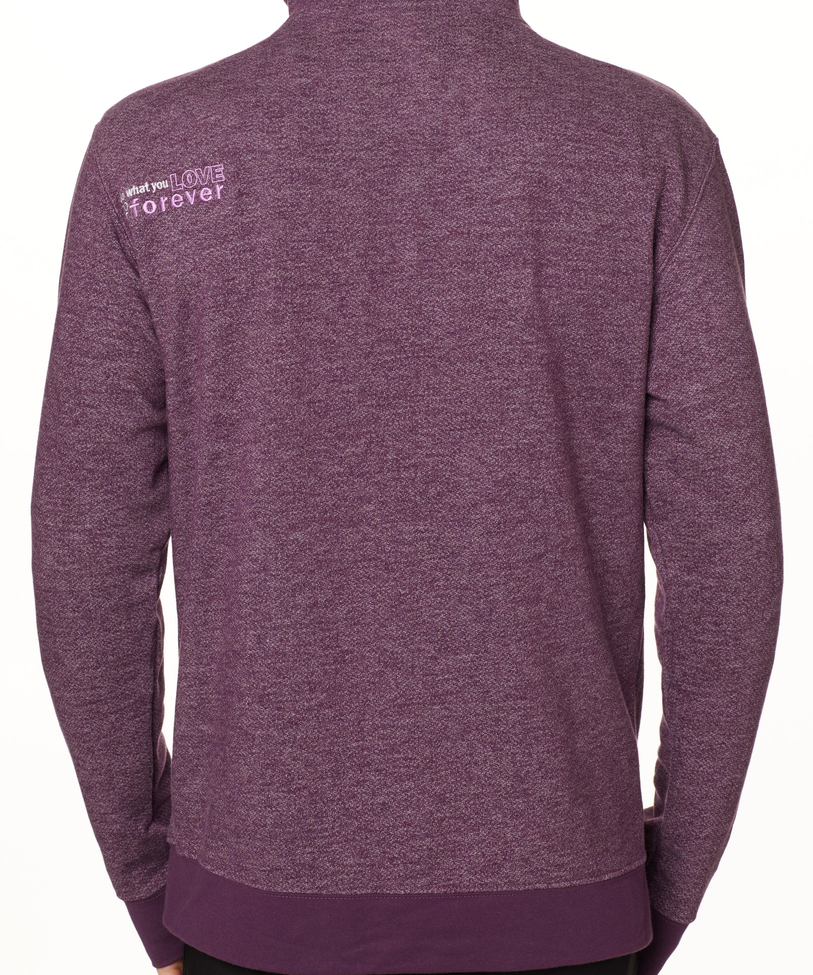 BACK OF A MALE MODEL WEARING A HEATHER PLUM HOODIE WITH THE WORDS "DO WHAT YOU LOVE. DO IT FOREVER." EMBROIDERED IN WHITE AND LIGHT PURPLE ON THE LEFT SHOULDER