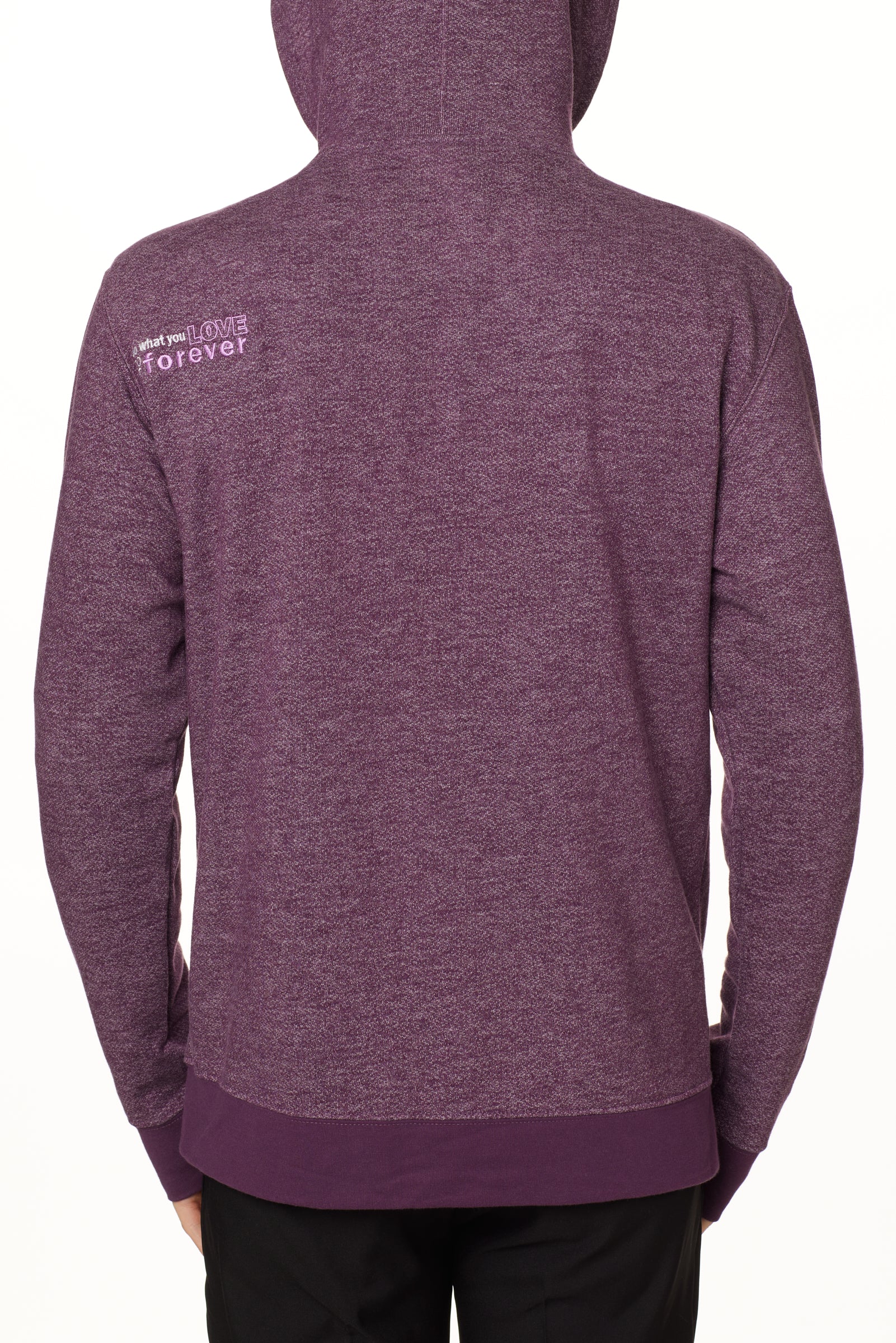 BACK OF A MALE MODEL WEARING A HEATHER PLUM HOODIE WITH THE WORDS "DO WHAT YOU LOVE. DO IT FOREVER." EMBROIDERED IN WHITE AND LIGHT PURPLE ON THE LEFT SHOULDER