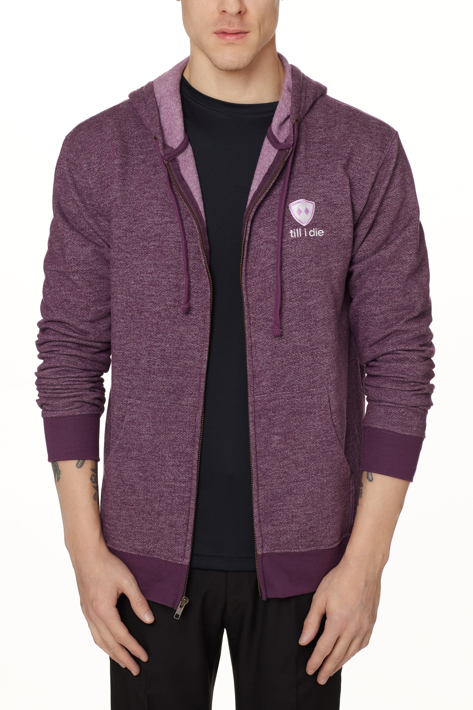 A male model wearing a HEATHER PLUM zip hoodie with the Till I Die brand logo on the front.