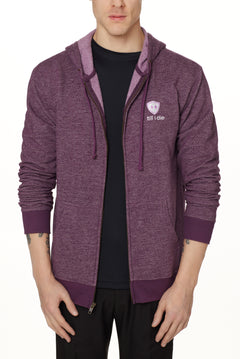 A male model wearing a HEATHER PLUM zip hoodie with the Till I Die brand logo on the front.