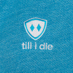 DETAIL A HEATHER TEAL HOODIE WITH THE TILL I DIE LOGO EMBROIDERED IN WHITE AND TEAL