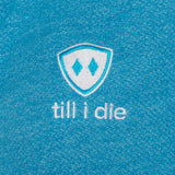 DETAIL A HEATHER TEAL HOODIE WITH THE TILL I DIE LOGO EMBROIDERED IN WHITE AND TEAL