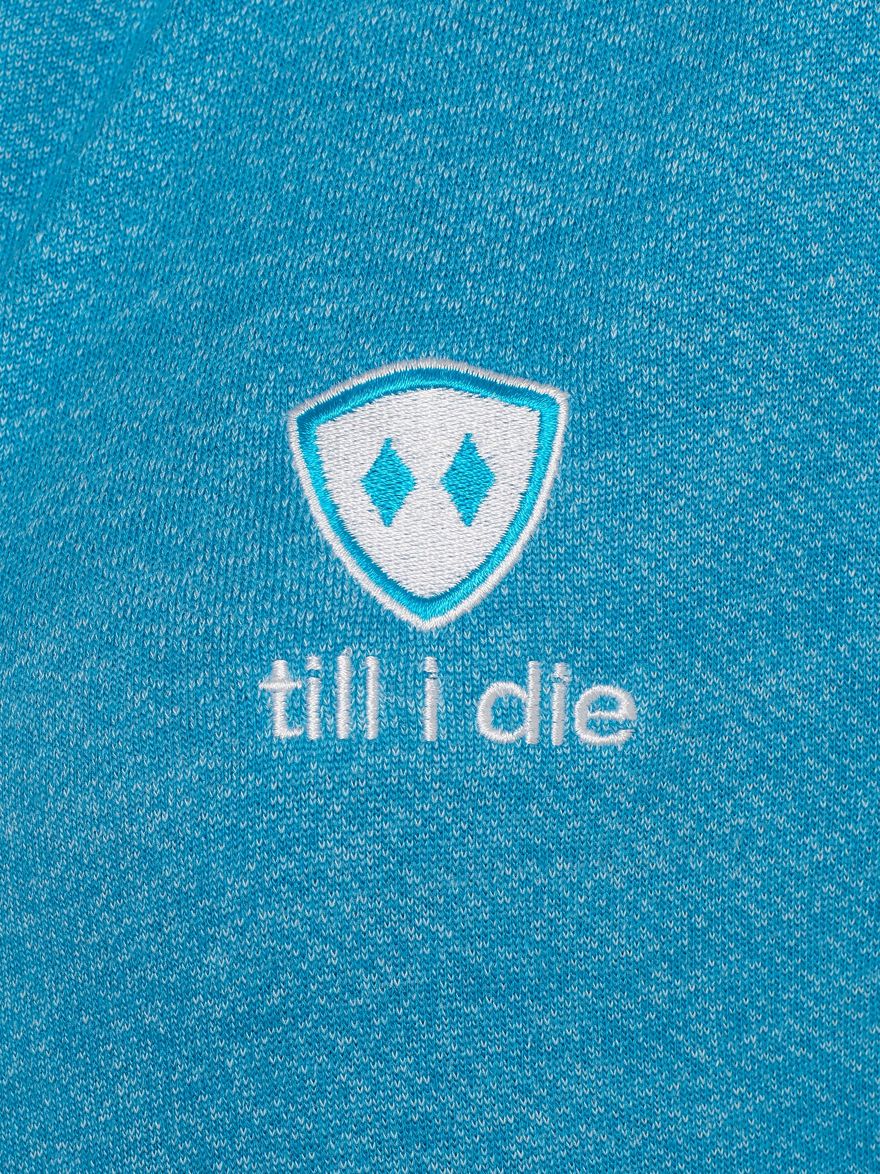 DETAIL A HEATHER TEAL HOODIE WITH THE TILL I DIE LOGO EMBROIDERED IN WHITE AND TEAL