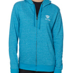 FEMALE MODEL WEARING A HEATHER TEAL ZIP HOODIE WITH THE TILL I DIE LOGO EMBROIDERED IN WHITE AND TEAL ON THE FRONT