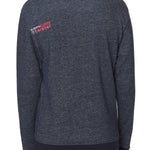 FEMALE MODEL WEARING A HEATHER NAVY HOODIE WITH THE WORDS "DO WHAT YOU LOVE. DO IT FOREVER." EMBROIDERED IN WHITE AND PINK ON THE LEFT SHOULDER