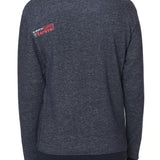 FEMALE MODEL WEARING A HEATHER NAVY HOODIE WITH THE WORDS "DO WHAT YOU LOVE. DO IT FOREVER." EMBROIDERED IN WHITE AND PINK ON THE LEFT SHOULDER