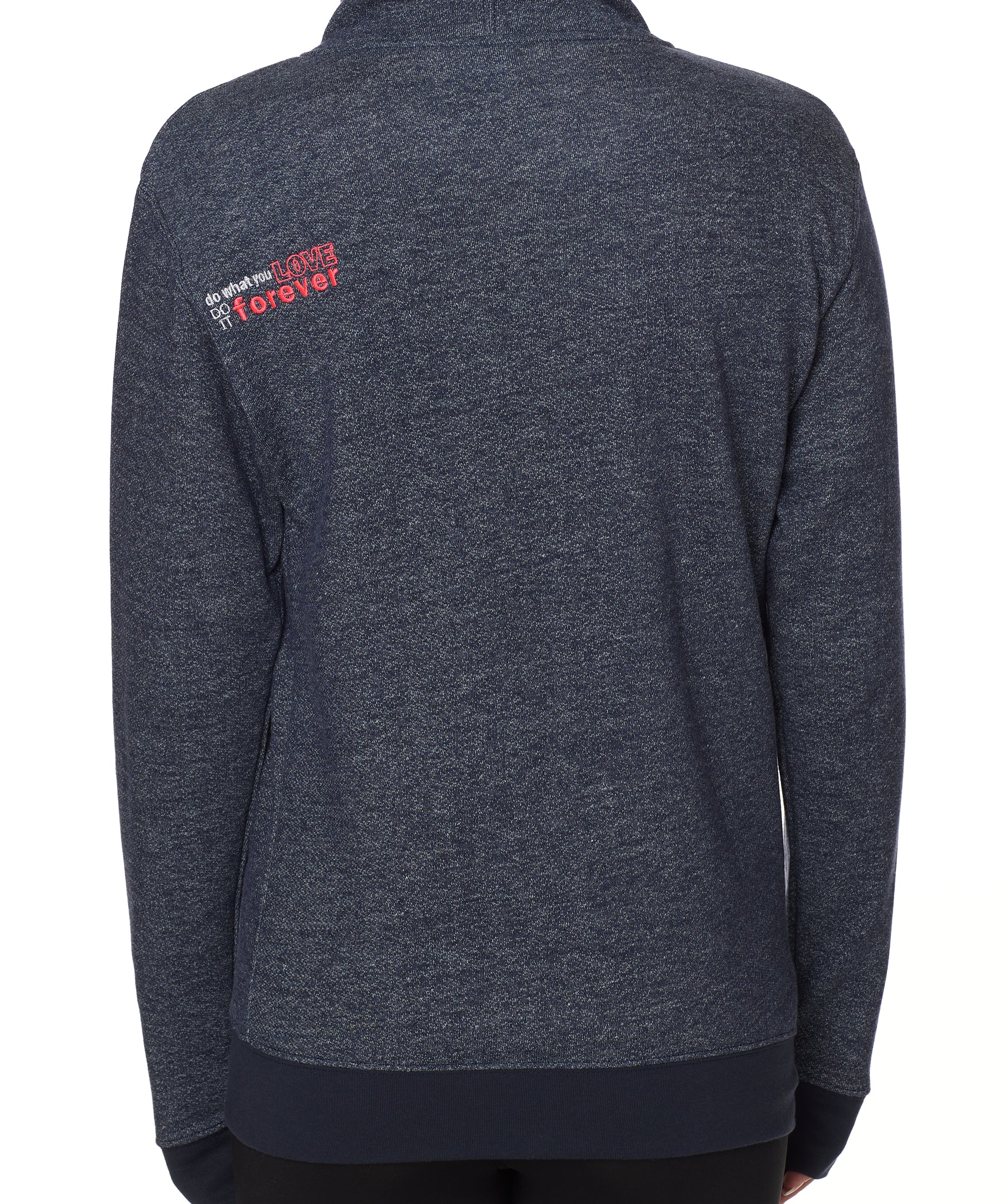 FEMALE MODEL WEARING A HEATHER NAVY HOODIE WITH THE WORDS "DO WHAT YOU LOVE. DO IT FOREVER." EMBROIDERED IN WHITE AND PINK ON THE LEFT SHOULDER