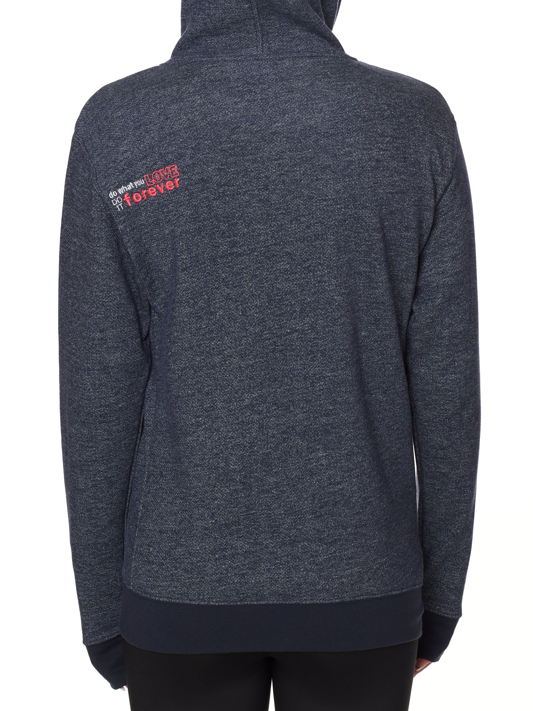 FEMALE MODEL WEARING A HEATHER NAVY HOODIE WITH THE WORDS "DO WHAT YOU LOVE. DO IT FOREVER." EMBROIDERED IN WHITE AND PINK ON THE LEFT SHOULDER