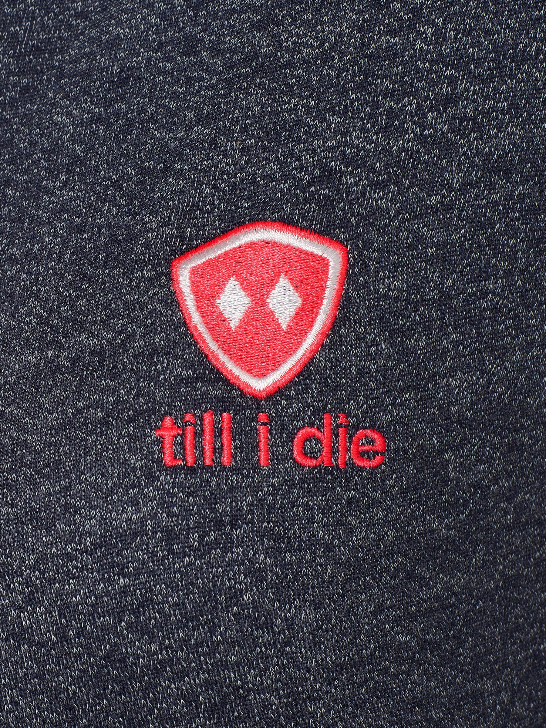 DETAIL OF A HEATHER NAVY HOODIE WITH THE TILL I DIE LOGO EMBROIDERED IN WHITE AND PINK 