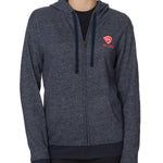 FEMALE MODEL WEARING A HEATHER NAVY HOODIE WITH TILL I DIE LOGO EMBROIDERED IN WHITE AND PINK ON THE LEFT SIDE OF TORSO