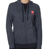 FEMALE MODEL WEARING A HEATHER NAVY HOODIE WITH TILL I DIE LOGO EMBROIDERED IN WHITE AND PINK ON THE LEFT SIDE OF TORSO