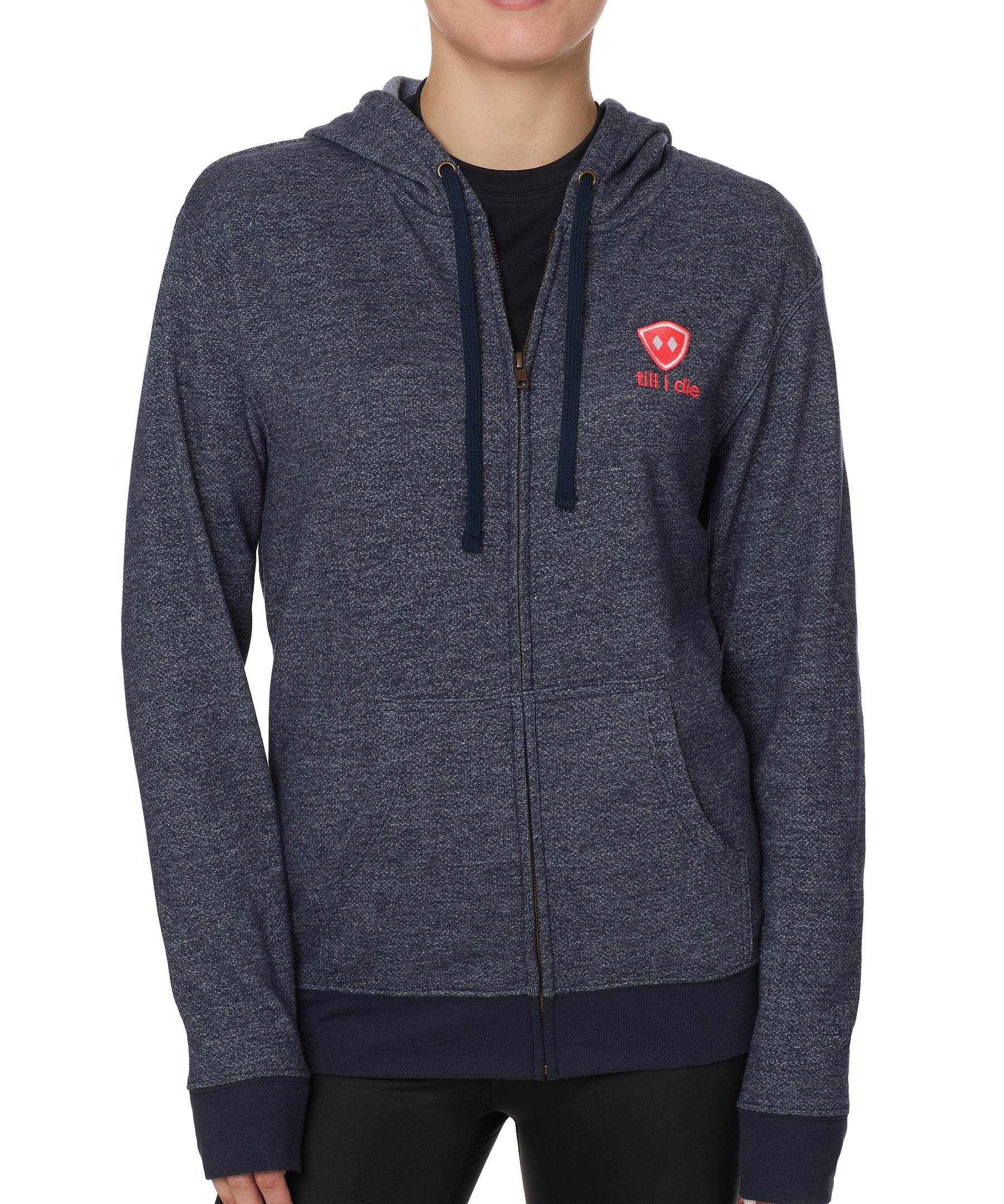 FEMALE MODEL WEARING A HEATHER NAVY HOODIE WITH TILL I DIE LOGO EMBROIDERED IN WHITE AND PINK ON THE LEFT SIDE OF TORSO