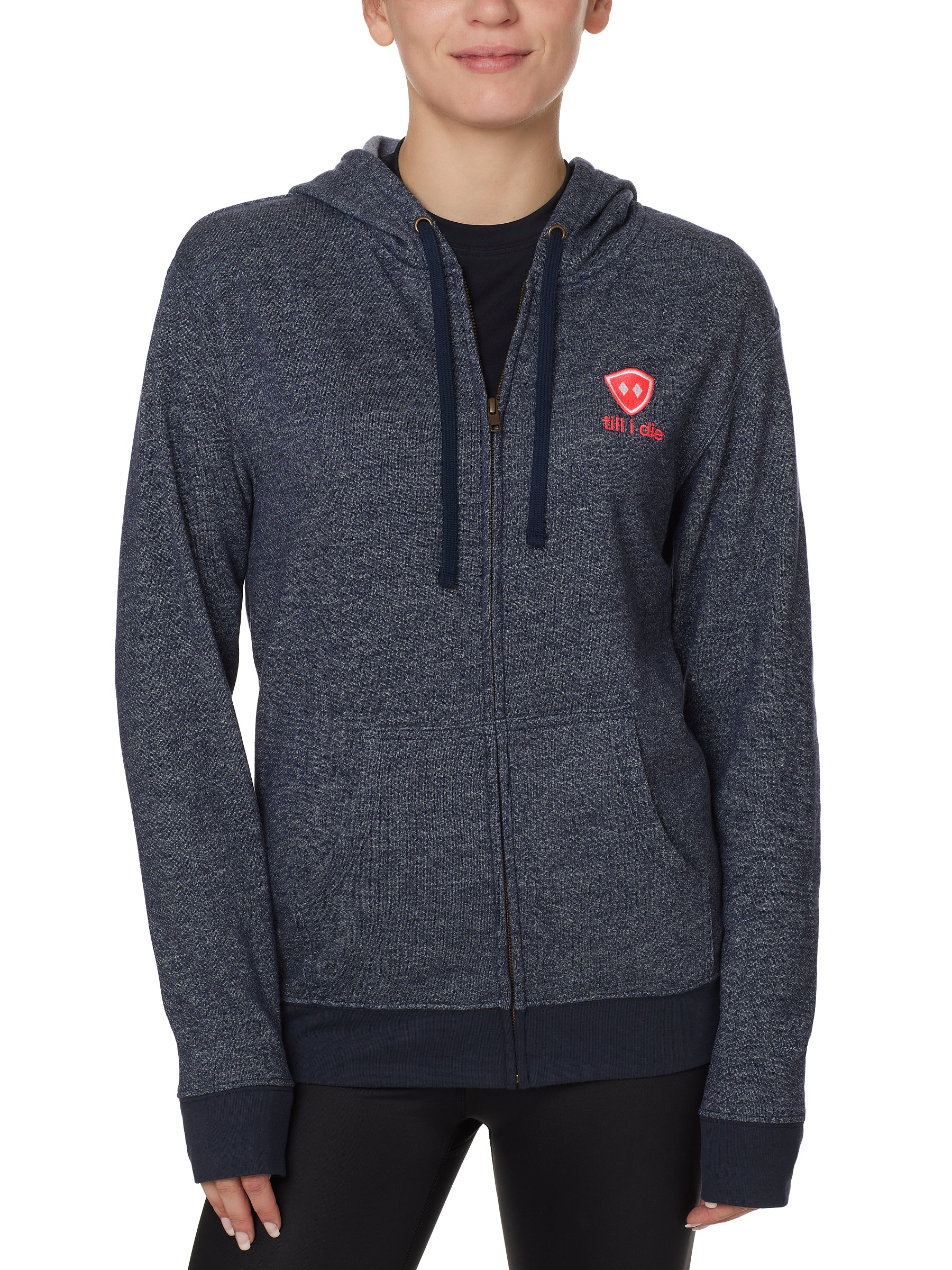 FEMALE MODEL WEARING A HEATHER NAVY HOODIE WITH TILL I DIE LOGO EMBROIDERED IN WHITE AND PINK ON THE LEFT SIDE OF TORSO