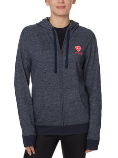 FEMALE MODEL WEARING A HEATHER NAVY HOODIE WITH TILL I DIE LOGO EMBROIDERED IN WHITE AND PINK ON THE LEFT SIDE OF TORSO