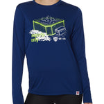 FEMALE MODEL WEARING A BLUE LONG SLEEVE PERFORMANCE SHIRT WITH A GRAPHIC OF A HOT TUB AND THE WORDS "EXPERTS ONLY"
