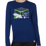 FEMALE MODEL WEARING A BLUE LONG SLEEVE PERFORMANCE SHIRT WITH A GRAPHIC OF A HOT TUB AND THE WORDS "EXPERTS ONLY"