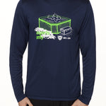 MALE MODEL WEARING A NAVY LONG SLEEVE PERFORMANCE SHIRT WITH A GRAPHIC OF A HOT TUB AND THE WORDS "EXPERTS ONLY"