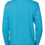 BACK OF A MALE MODEL WEARING A HEATHER TEAL HOODIE WITH THE WORDS "DO WHAT YOU LOVE. DO IT FOREVER." EMBROIDERED IN WHITE AND ORANGE ON THE LEFT SHOULDER