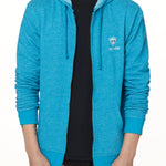 A MALE MODEL WEARING A HEATHER TEAL ZIP HOODIE WITH THE TILL I DIE EMBROIDERED IN WHITE AND TEAL