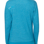 BACK OF A FEMALE MODEL WEARING A HEATHER TEAL HOODIE WITH THE WORDS "DO WHAT YOU LOVE. DO IT FOREVER." EMBROIDERED IN WHITE AND TEAL ON THE LEFT SHOULDER