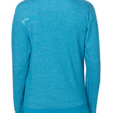 BACK OF A FEMALE MODEL WEARING A HEATHER TEAL HOODIE WITH THE WORDS "DO WHAT YOU LOVE. DO IT FOREVER." EMBROIDERED IN WHITE AND TEAL ON THE LEFT SHOULDER