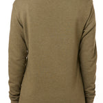 BACK OF A FEMALE MODEL WEARING A HEATHER MILITARY GREEN HOODIE WITH THE HOOD UP