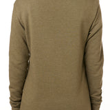 BACK OF A FEMALE MODEL WEARING A HEATHER MILITARY GREEN HOODIE WITH THE HOOD UP