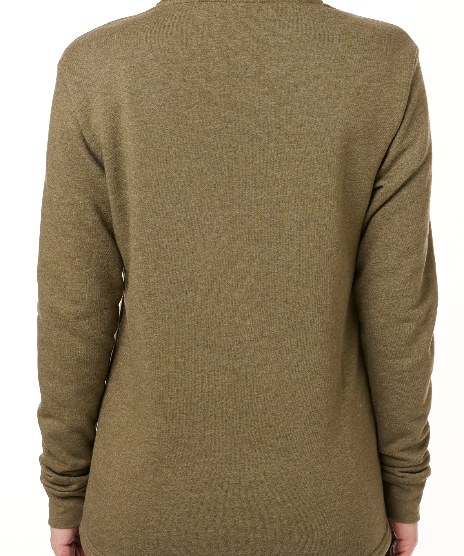 BACK OF A FEMALE MODEL WEARING A HEATHER MILITARY GREEN HOODIE WITH THE HOOD UP