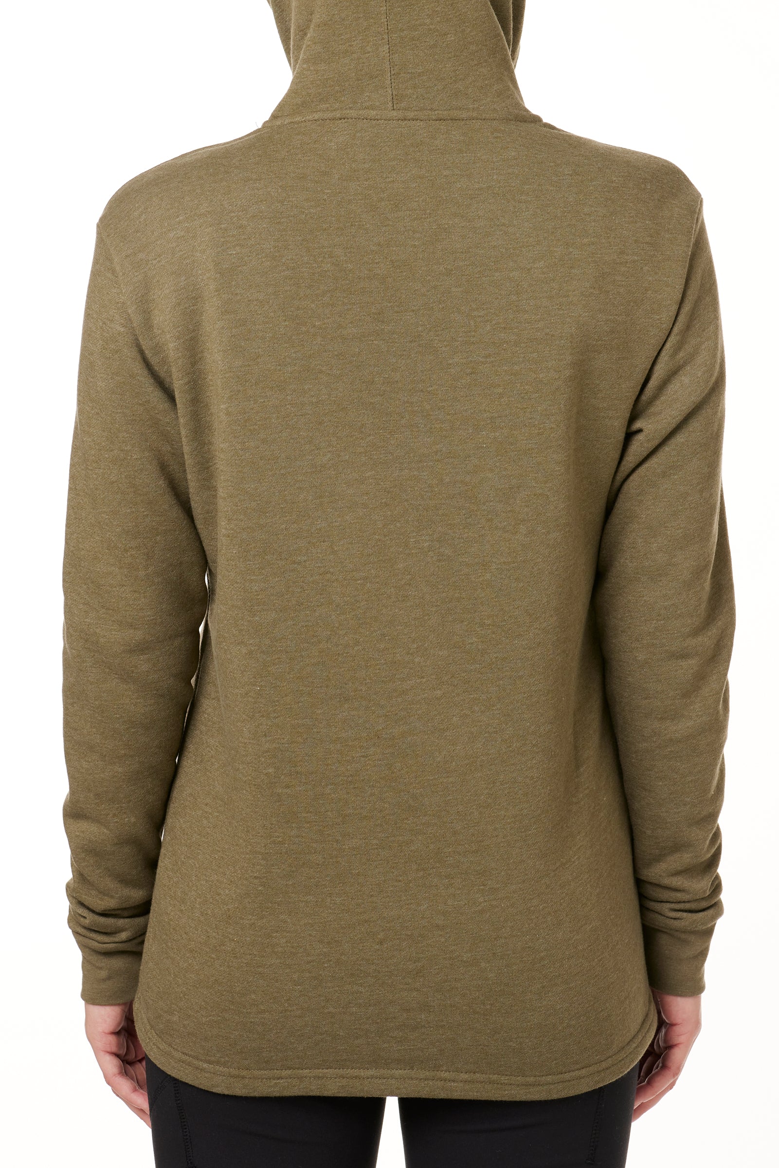 BACK OF A FEMALE MODEL WEARING A HEATHER MILITARY GREEN HOODIE WITH THE HOOD UP