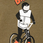 DETAIL OF A HEATHER MILITARY GREEN HOODIE FEATURING A GRAPHIC OF A PERSON ON A SKI BIKE WITH THE WORDS "TILL I DIE"