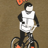 DETAIL OF A HEATHER MILITARY GREEN HOODIE FEATURING A GRAPHIC OF A PERSON ON A SKI BIKE WITH THE WORDS "TILL I DIE"