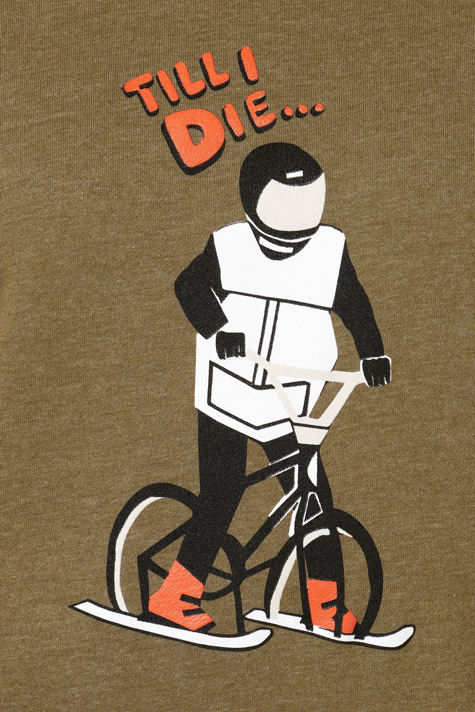 DETAIL OF A HEATHER MILITARY GREEN HOODIE FEATURING A GRAPHIC OF A PERSON ON A SKI BIKE WITH THE WORDS "TILL I DIE"