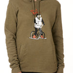 FEMALE MODEL WEARING  A HEATHER MILITARY GREEN HOODIE FEATURING A GRAPHIC OF A PERSON ON A SKI BIKE WITH THE WORDS "TILL I DIE"